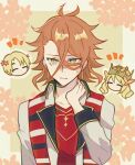  1girl 2boys alfred_(fire_emblem) blonde_hair butterfly_hair_ornament celine_(fire_emblem) crown fire_emblem fire_emblem_engage flower hair_flower hair_ornament multiple_boys oda32t orange_hair pandreo_(fire_emblem) sweat yellow_eyes 