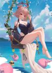  1girl anklet azur_lane bangs bare_legs bare_shoulders barefoot black_swimsuit breasts cirilla cleavage commentary day duca_degli_abruzzi_(azur_lane) duca_degli_abruzzi_(lustrous_onyx_sirenetta)_(azur_lane) eyebrows_visible_through_hair feet flower food food_between_breasts food_in_mouth fruit full_body grapes halo halter_top halterneck highres holding holding_food holding_fruit holding_rope jewelry large_breasts legs looking_at_viewer manjuu_(azur_lane) mechanical_arms mouth_hold ocean official_alternate_costume one-piece_swimsuit pink_hair red_eyes rope short_hair single_mechanical_arm sitting sky solo swimsuit swing toes water white_flower 