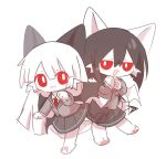  2girls :3 animal_ears animal_feet animal_hands arbus_(funamusea) ater_(funamusea) bat_wings black_hair bright_pupils cat_ears cat_girl chibi closed_mouth collared_shirt colored_skin demon_tail english_commentary funamusea furry furry_female grey_jacket haiiro_teien hair_between_eyes jacket long_hair looking_at_another multiple_girls open_mouth own_hands_together paw_pose red_eyes shirt short_hair simple_background tail tsz_ju2mao1 whiskers white_background white_hair white_pupils white_shirt white_skin wings 