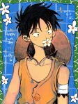  1boy 2022 black_hair blue_background border buttons character_name daisy dated flower green_border hair_flower hair_ornament happy_birthday hat highres looking_to_the_side makenevemoiine male_focus monkey_d._luffy one_piece scar scar_on_face shirt short_hair sleeveless solo straw_hat upper_body yellow_shirt 