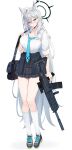  1girl absurdres ahoge alternate_costume animal_ear_fluff animal_ears assault_rifle bag black_bag black_footwear black_halo black_skirt blue_archive blue_coat blue_eyes blue_necktie blush breasts cleavage coat coat_around_waist commentary_request cross cross-laced_footwear cross_hair_ornament grey_hair gun hair_between_eyes hair_ornament halo highres holding holding_gun holding_weapon inverted_cross kuroshiro_kanae large_breasts long_hair looking_at_viewer miniskirt necktie plaid plaid_skirt pleated_skirt rifle school_bag shiroko_(blue_archive) shiroko_terror_(blue_archive) shirt sig_556 sig_sauer simple_background skirt sleeves_rolled_up socks solo standing weapon weapon_request white_background white_shirt white_socks wolf_ears wolf_girl 