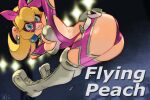  1girl :d alex_ahad ass ass_focus bare_shoulders blonde_hair blue_eyes breasts earrings highres incoming_attack jewelry long_hair mario_(series) open_mouth princess_peach princess_peach:_showtime! smile solo sweat thighs wrestler wrestling_mask wrestling_outfit 