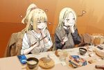  2girls bag black_choker black_sweater blonde_hair bowl breasts brown_vest cellphone chewing choker chopsticks closed_eyes earrings eating food hair_behind_ear heart high_ponytail highres jacket jewelry joshi_kousei_rich_thots large_breasts long_hair multiple_girls original parted_bangs phone placemat plate red_scrunchie rena_(sky-freedom) scrunchie shopping_bag sitting sky-freedom sleeves_rolled_up smartphone spoon sweater table vest white_sweater yui_(sky-freedom) 