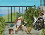  1girl balcony bicycle blue_sky brown_shorts bush child flat_tire flower_pot green_hair holding holding_watering_can horizon koiwai_yotsuba landscape long_sleeves mountainous_horizon panorama plant potted_plant quad_tails red_footwear red_shirt shirt shorts sky solo squatting stuffed_animal stuffed_toy teddy_bear two-tone_footwear two-tone_shirt watering watering_can white_footwear white_shirt yellow-zon yotsubato! 