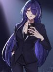  1girl acheron_(honkai:_star_rail) black_jacket black_pants breasts cellphone cleavage commentary cowboy_shot hand_in_pocket highres holding holding_phone honkai:_star_rail honkai_(series) jacket khundi long_hair looking_at_viewer multicolored_hair pants phone purple_eyes purple_hair purple_lips smartphone solo standing streaked_hair very_long_hair white_hair 