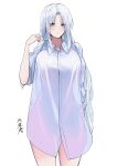  1girl absurdres blush breasts cowboy_shot grey_hair highres large_breasts long_hair looking_at_viewer naked_shirt no_pants oversized_clothes oversized_shirt see-through_silhouette shirt signature simple_background solo touhou very_long_hair white_background white_shirt yagokoro_eirin yagoro_kusuriya 