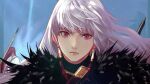  angry coat dungeon_and_fighter earrings female_slayer_(dungeon_and_fighter) fur-trimmed_coat fur_trim grey_hair jewelry long_hair looking_at_viewer non-web_source official_art red_eyes 