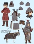  1girl armor barding black_hair blue_background chinese_armor chinese_clothes chinese_empire chinese_text fangdan_runiu futou hanfu helmet horse how_to jitome lamellar_armor original quiver song_dynasty tassel 