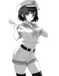  1girl anchor_symbol bright_pupils closed_mouth commentary_request contrapposto cowboy_shot greyscale halftone hand_up hat looking_at_viewer midriff monochrome murasa_minamitsu navel neckerchief onkn_sxkn peaked_cap sailor_collar sailor_shirt shirt short_hair short_sleeves shorts simple_background smile solo thighhighs touhou white_background white_pupils 