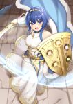  1girl alternate_hair_color bare_shoulders binding_shield blue_cape blue_eyes blue_hair cape commission cosplay dress falchion_(fire_emblem) fire_emblem fire_emblem_awakening fire_emblem_cipher fur_trim gem glowing highres holding holding_shield holding_sword holding_weapon long_dress looking_at_viewer lucina_(fire_emblem) lucina_(fire_emblem)_(cosplay) morgan_(female)_(fire_emblem) morgan_(fire_emblem) shield short_hair skeb_commission solo sword takaneko tiara weapon white_dress 