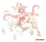  1girl alternate_hair_color animal_ear_fluff animal_ears ankle_bell arm_support bare_legs blue_eyes bow breasts cleavage cleavage_cutout closed_mouth closers clothing_cutout copyright_name dress fingernails floating_hair fox_ears fox_girl fox_tail full_body hair_bow hand_up high_heels highres kitsune knee_up kyuubi layered_dress logo long_fingernails long_hair long_sleeves looking_at_viewer low_twintails medium_breasts multiple_tails official_art pink_bow pink_dress pink_hair see-through see-through_sleeves seulbi_lee sitting sitting_on_tail smile smirk solo tachi-e tail twintails two-tone_dress very_long_hair wedge_heels white_background white_footwear yellow_dress yellow_sleeves yellow_tail 