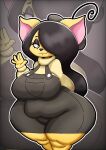 5_fingers anthro big_breasts black_hair breasts canid canine canis chihuahua clothed clothing domestic_dog female fingers hair hi_res lilith_(thedeathcrow05) mammal one_eye_obstructed solo thedeathcrow05 thick_thighs toy_dog yellow_body