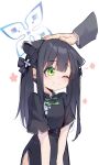  1girl 1other ;3 animal_ear_fluff animal_ears black_dress black_hair black_ribbon blue_archive blush bow china_dress chinese_clothes closed_mouth commentary_request disembodied_limb dress extra_ears flower_(symbol) green_bow green_eyes hair_between_eyes hair_ornament hair_ribbon halo hand_on_another&#039;s_head headpat highres long_hair long_sleeves looking_at_another one_eye_closed painterliuhao ribbon short_sleeves shun_(blue_archive) shun_(small)_(blue_archive) side_slit sidelocks simple_background smile tiger_ears twintails white_background 