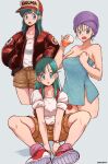  1girl aosora2823 artist_name bare_shoulders baseball_cap blue_eyes blue_hair breasts brown_shorts bulma character_name collarbone cup dragon_ball dragon_ball_(classic) hands_in_pockets hat highres holding holding_cup jacket medium_breasts multiple_views red_footwear red_jacket shirt shoes shorts simple_background star_(symbol) towel towel_on_head wet white_background white_shirt 