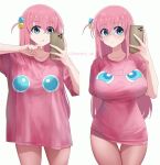  absurdres artist_name blue_eyes bocchi_the_rock! breasts cellphone character_print commentary english_commentary flushed_face_emoji_shirt_(meme) gotoh_hitori hand_up highres holding holding_phone inkspirate instagram_logo instagram_username jigglypuff large_breasts meme phone pink_shirt selfie shirt simple_background smartphone sweat thighs white_background 