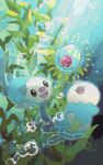  absurdres air_bubble black_eyes bubble commentary_request day egg fangs fukkatsu_no_maya full_body green_background highres holding kelp light_rays manaphy_egg no_humans open_mouth oshawott pokemon pokemon_(creature) pokemon_egg seashell shell smile sunbeam sunlight swimming tail underwater 