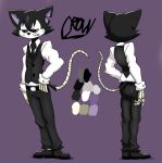 anthro black_body bone bottomwear clothing crow_(thedeathcrow) domestic_cat felid feline felis footwear male mammal model_sheet necktie pants purple_background shirt shoes simple_background solo tail thedeathcrow05 topwear undead whiskers