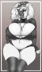  anthro big_breasts black_hair black_sclera breasts chest_tuft cleavage clothed clothing curvy_figure female fur hair hair_over_eye hand_on_hip hi_res huge_breasts legwear mammal niis nipple_outline one_eye_obstructed slightly_chubby solo squish stockings thick_thighs thigh_highs thigh_squish tuft voluptuous white_body white_fur white_hair wide_hips yellow_eyes 