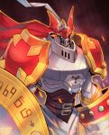  armor cape dark_background digimon digimon_(creature) dukemon highres holding holding_shield knight lance long_hair looking_at_viewer polearm red_cape shield shoulder_armor tomo-tron_(tomaroosky) weapon white_armor white_hair yellow_eyes 