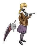  1girl :3 black_pantyhose black_sweater blonde_hair bomber_jacket breasts brown_coat coat fear_&amp;_hunger fear_&amp;_hunger_2:_termina finger_on_trigger floating full_body gun hand_in_pocket handgun holding holding_gun holding_weapon jacket karin_(fear_&amp;_hunger) large_breasts luger_p08 nnsee_d pantyhose ponytail purple_skirt shoes simple_background skirt sweat sweater sword weapon whiskers white_background 