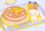  bear bowl butter flower food food_focus fork highres no_humans original pancake pastel_colors pepparmint310 plate sprinkles sweets syrup tray white_flower 