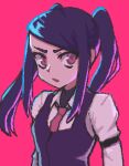  1girl collared_shirt commentary hcnone highres jill_stingray long_hair long_sleeves looking_at_viewer necktie pink_background pixel_art purple_hair red_eyes red_neckwear shirt sidelocks solo twintails upper_body va-11_hall-a vest white_shirt 