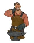  1boy adam&#039;s_apple anvil apron bara beard blacksmith blacksmith_tongs blush brown_apron brown_hair coral_island dark-skinned_male dark_skin david_ardinaryas dirty dirty_face facial_hair facing_viewer full_beard gloves hand_on_own_neck highres holding holding_tongs male_focus mature_male rafael_(coral_island) short_hair solo thick_arm_hair thick_eyebrows thick_neck tongs 