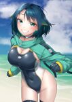  1girl absurdres awono_nanaumi beach black_choker black_gloves black_hair black_one-piece_swimsuit black_thighhighs blue_sky breasts choker cleavage cloud competition_swimsuit covered_navel day fukami_nana_(awono_nanaumi) gloves green_eyes green_shrug grin hair_flaps highleg highleg_swimsuit highres horizon large_breasts looking_at_viewer ocean one-piece_swimsuit original outdoors running short_hair shrug_(clothing) sky smile solo swimsuit thighhighs two-tone_swimsuit 