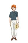  1boy brown_footwear collared_shirt full_body glasses grey_shirt hat highres holding holding_clothes holding_hat juuouin_kakeru king_of_prism king_of_prism:_shiny_seven_stars loafers looking_at_viewer male_focus official_art orange_eyes orange_hair pants pretty_rhythm pretty_series second-party_source shirt shoes short_hair simple_background smile solo standing straw_hat suspenders tachi-e transparent_background watch white_pants wristwatch 