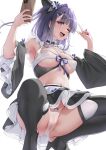  1girl absurdres armpits azur_lane bare_shoulders bikini black_footwear black_skirt black_sleeves blue_eyes blue_hair blue_ribbon boots breasts cellphone classic_(zildjian33) cleavage commentary_request detached_sleeves fingernails frilled_sleeves frills front-tie_top high_heel_boots high_heels highres holding holding_phone large_breasts liverpool_(azur_lane) looking_at_viewer maid maid_bikini miniskirt nail_polish one_eye_closed one_side_up open_mouth panties phone purple_nails ribbon selfie simple_background skirt smartphone smile solo squatting swimsuit thigh_boots thighs unconventional_maid underboob underbust underwear v white_background white_panties wide_sleeves 