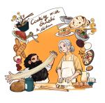  beard bread brown_hair chef cookinh dough dungeon_meshi dwarf egg english_text facial_hair food gender_request grey_hair highres justshipsandstuff kneading_dough long_beard male_focus mithrun senshi_(dungeon_meshi) thick_mustache very_long_beard 