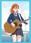  1girl acoustic_guitar blue_border blue_jacket blush border closed_eyes collared_shirt commentary_request dress grey_dress guitar highres holding holding_instrument instrument jacket long_sleeves love_live! love_live!_superstar!! music neck_ribbon open_clothes open_jacket open_mouth pinafore_dress playing_instrument red_ribbon ribbon ryxxxxx school_uniform shibuya_kanon shirt short_hair singing sketch sleeveless sleeveless_dress solo standing upper_body white_shirt winter_uniform yuigaoka_school_uniform 