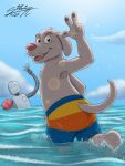 anthro canid canine canis clothed clothing dog_(robot_dreams) domestic_dog duo gesture hi_res machine male mammal outside robot robot_(robot_dreams) robot_dreams sagadreams swimming_trunks swimwear topless water waving