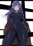  1girl absurdres ass_visible_through_thighs black_bodysuit black_choker blue_eyes blue_hair bodysuit breasts brown_jacket choker covered_navel feet_out_of_frame groin hair_ornament highres jacket large_breasts light_blush lips long_hair looking_at_viewer looking_down macaroni_(dontakadx) maha_(ansatsu_kizoku) open_mouth sekai_saikou_no_ansatsusha_isekai_kizoku_ni_tensei_suru simple_background skin_tight solo star_(symbol) star_hair_ornament thick_thighs thighs 