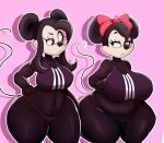 accessory amelia_fieldmouse anthro big_breasts black_body black_eyes black_hair bow_ribbon breasts clothing disney duo female hair hair_accessory hair_bow hair_ribbon hi_res huge_breasts mammal minnie_mouse mouse murid murine navel pink_background ribbons rodent shirt simple_background tail thedeathcrow05 thick_thighs thong topwear underwear