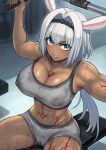  1girl abs absurdres animal_ears arm_tattoo arms_up blue_eyes blush breasts caenis_(fate) cameltoe chest_tattoo cleavage covered_nipples dark-skinned_female dark_skin exercising fate/grand_order fate_(series) grey_shorts hands_up harurukan headband highres large_breasts leg_tattoo long_hair looking_at_viewer midriff muscular muscular_female navel nipples ponytail rabbit_ears shorts solo sports_bra spread_legs stomach_tattoo sweat tan tattoo white_hair 