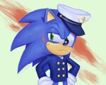  1boy english_commentary fake_blood furry furry_male gloves green_eyes hat hedgehog hedgehog_ears highres male_focus natalie_haines sailor_hat sonic_(series) sonic_the_hedgehog the_murder_of_sonic_the_hedgehog white_gloves white_hat 