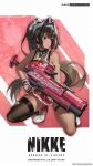  1girl bandaid bandaid_on_arm bare_shoulders bay_(nikke) black_hair breasts cheerleader crop_top dark-skinned_female dark_skin goddess_of_victory:_nikke gun hair_intakes highres holding holding_gun holding_weapon large_breasts miniskirt mole mole_under_mouth multicolored_hair official_art pleated_skirt red_hair skirt solo squatting sweat weapon 