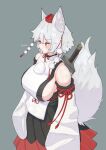  1girl animal_ears breasts detached_sleeves hat highres inubashiri_momiji large_breasts leaf maple_leaf red_eyes short_hair solo sword tail tokin_hat touhou warosufox weapon wolf_ears wolf_girl wolf_tail 