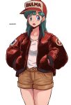  1girl aosora2823 aqua_hair baseball_cap blue_eyes brown_shorts bulma dragon_ball dragon_ball_(classic) hat highres jacket looking_to_the_side open_clothes open_jacket open_mouth red_jacket shirt shorts simple_background solo white_background white_shirt 