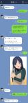  1girl black_hair chat_log commentary_request earrings glass green_eyes hair_down highres jewelry kantai_collection line_(naver) open_mouth smile solo souryuu_(kancolle) suke_(singekijyosei) timestamp translation_request twintails 