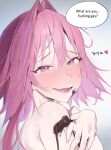  1boy astolfo_(fate) bangs blush chocolate chocolate_on_body commentary english_text eyelashes fang fate/apocrypha fate_(series) food_on_body godekasu hair_between_eyes hair_intakes heart long_hair looking_at_viewer looking_to_the_side male_focus open_mouth pink_hair profanity purple_eyes raised_eyebrows shiny shiny_skin shirtless smile solo speech_bubble teeth tongue upper_body 