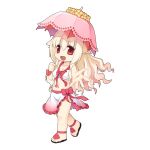  :d bikini bikini_skirt black_footwear blonde_hair breasts chibi cleavage frilled_bikini frills full_body hair_between_eyes holding holding_umbrella long_hair looking_at_viewer medium_bangs medium_breasts official_art open_mouth parasol pink_umbrella ragnarok_online reaching reaching_towards_viewer red_eyes sandals simple_background smile solo swimsuit transparent_background umbrella walking wavy_hair white_bikini yuichirou 