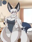 anthro big_breasts breasts canid canine clothing coat female fennec_fox fox fur grey_body grey_clothing grey_fur grey_leotard hair lab_coat legwear leotard long_hair mammal mastergodai smile smiling_at_viewer solo solo_focus thigh_highs topwear true_fox white_clothing white_hair white_legwear white_thigh_highs wide_hips