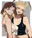  2girls :d absurdres antenna_hair aqua_eyes arm_around_shoulder arm_at_side artist_self-insert black_tank_top blonde_hair blue_eyes blush breasts brown_hair crop_top ear_piercing earrings from_side grey_background grin hair_slicked_back hand_on_another&#039;s_shoulder highres jewelry kingdom_hearts larxene long_hair looking_ahead looking_at_viewer martini_(porqueloin) midriff multicolored_hair multiple_girls navel nose_piercing open_mouth original piercing porqueloin sideboob simple_background small_breasts smile straight_hair stud_earrings tank_top teeth tongue two-tone_hair upper_body white_tank_top 