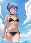  1girl absurdres ass_visible_through_thighs bikini black_bikini blue_eyes blue_hair blue_sky breasts cloud day diptip front-tie_bikini_top front-tie_top hair_ribbon highres hololive hoshimachi_suisei long_hair looking_at_viewer outdoors ponytail ribbon side-tie_bikini_bottom sky small_breasts solo swimsuit virtual_youtuber wading water 