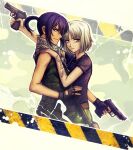  2girls 428 alphard_(canaan) androgynous arm_tattoo bare_shoulders black_hair brown_eyes camouflage camouflage_pants canaan_(character) canaan_(series) caution_tape closed_mouth dark-skinned_female dark_skin dated fingerless_gloves gloves gun hand_on_another&#039;s_shoulder handgun holding holding_weapon kay-i long_bangs looking_at_viewer multiple_girls pants parted_bangs ponytail scarf serious short_hair short_sleeves sidelocks signature sleeveless smile smug tank_top tattoo trigger_discipline weapon white_hair yuri 