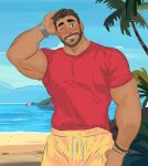  1boy bara beach beard blush brown_hair coral_island dark-skinned_male dark_skin day facial_hair frank_esguerra full_beard grin hand_on_own_hip highres large_pectorals looking_at_viewer male_focus mature_male muscular muscular_male one_eye_closed pants pectorals rafael_(coral_island) red_shirt shirt short_hair smile solo sparse_arm_hair thick_eyebrows track_pants 