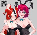  2girls absurdres animal_ears arm_around_shoulder bare_shoulders black_hair black_leotard blue_bow blue_bowtie blush bow bowtie covered_navel detached_collar double_bun fake_animal_ears hair_bun hakos_baelz highres hololive hololive_english irys_(hololive) leotard lio_wart long_hair looking_at_viewer mouse_ears mouse_girl multicolored_hair multiple_girls open_mouth playboy_bunny purple_eyes purple_hair rabbit_ears red_hair short_hair side-tie_leotard strapless strapless_leotard streaked_hair very_long_hair virtual_youtuber white_hair wrist_cuffs yellow_eyes 