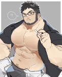  1boy ? abs bara bare_pectorals beard black_male_underwear cigarette cowboy_shot facial_hair full_beard glasses head_tilt highres holding holding_cigarette large_pectorals looking_at_viewer male_focus male_underwear mikiya_(mine_miki0840) muscular muscular_male navel navel_hair open_pants original pants pectorals short_hair solo sparse_navel_hair spoken_question_mark stomach strongman_waist thick_eyebrows underwear unfinished 